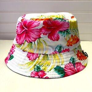 Tropical Floral Pink, Green & White Reversible Cotton Bucket Hat